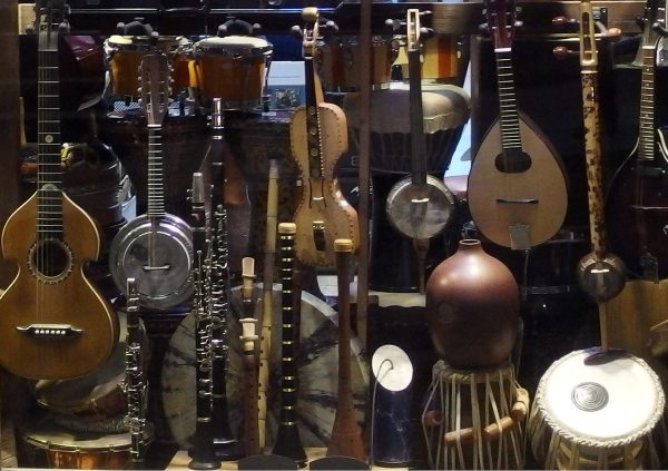An assortment of musical instruments in an Istanbul music store.