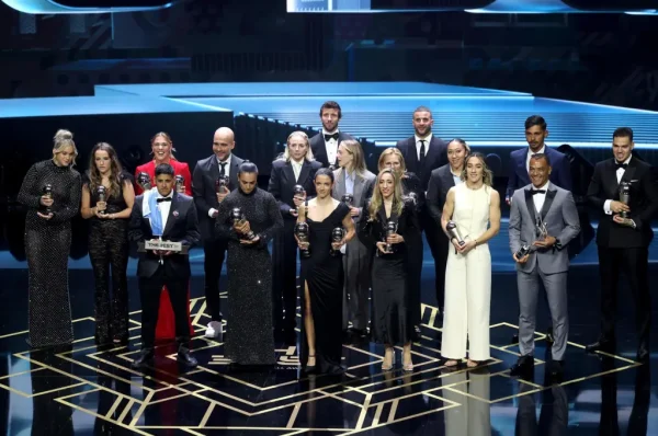 Awards winners on stage at the end of the Best FIFA Football Awards 2023 in London, UK, 15 January 2024. EFE/EPA/NEIL HALL

