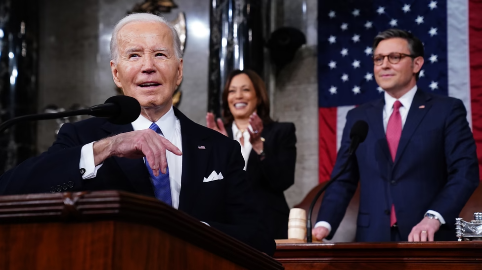 President Joe Biden, Vice-President Kamala Harris, and Speaker of the House Mike Johnson during the State of the Union Address.