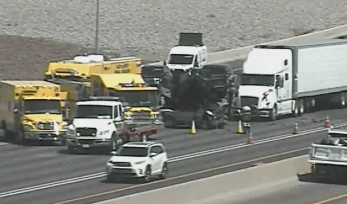 Emergency responders at the scene of an eight-vehicle crash on southbound I-15 in Las Vegas