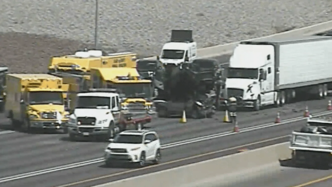 Eight-Vehicle Crash on Southbound I-15 Near I-215 in Las Vegas Leaves One Car on Top of Another and Sends Two People to Hospital