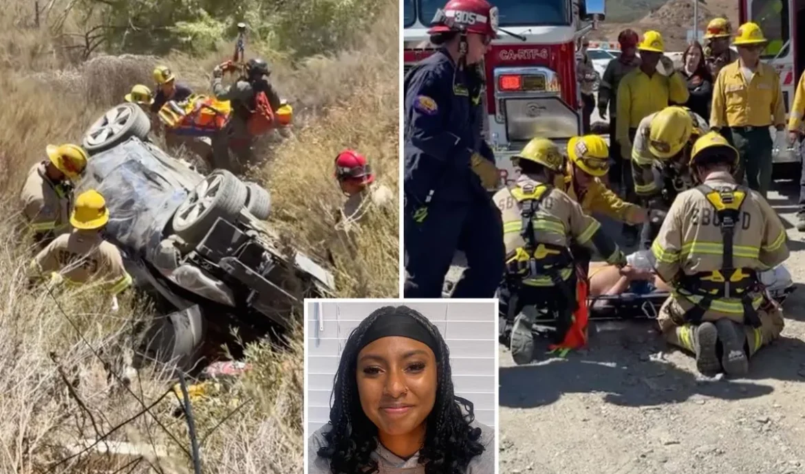 Emergency response vehicles near a rollover crash scene along California's I-15 freeway