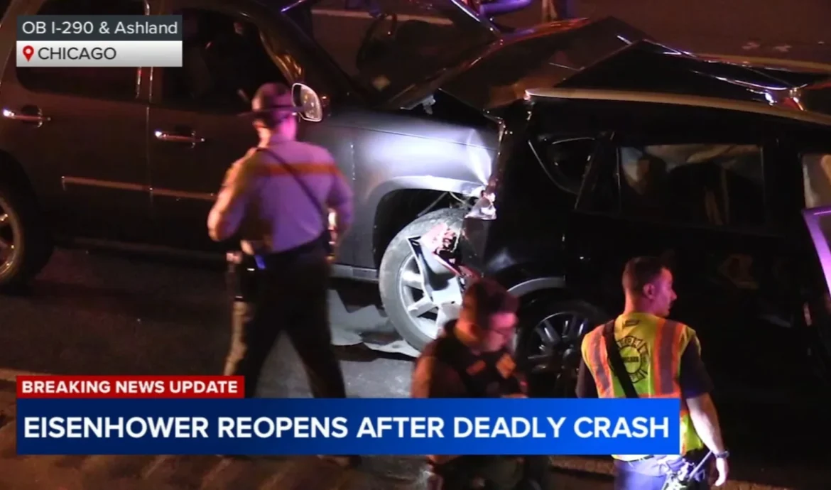 Police vehicles on the Eisenhower Expressway during an overnight investigation