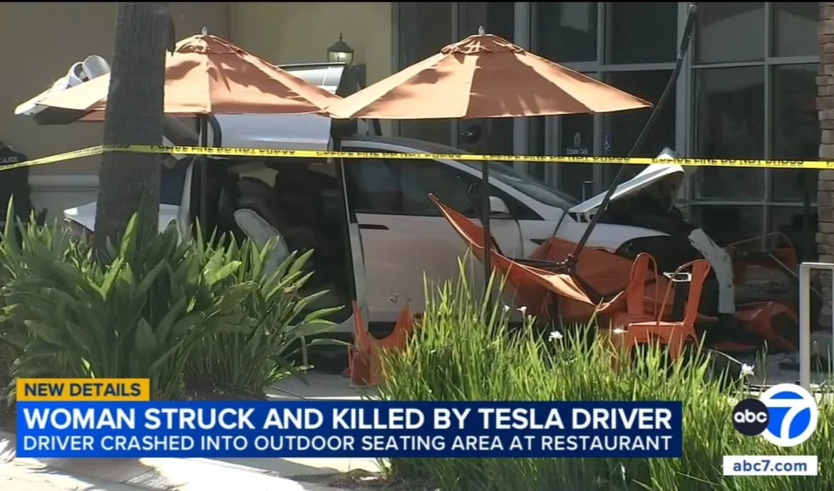 Police investigate a Tesla crash that damaged an Urbane Cafe patio in Simi Valley, California