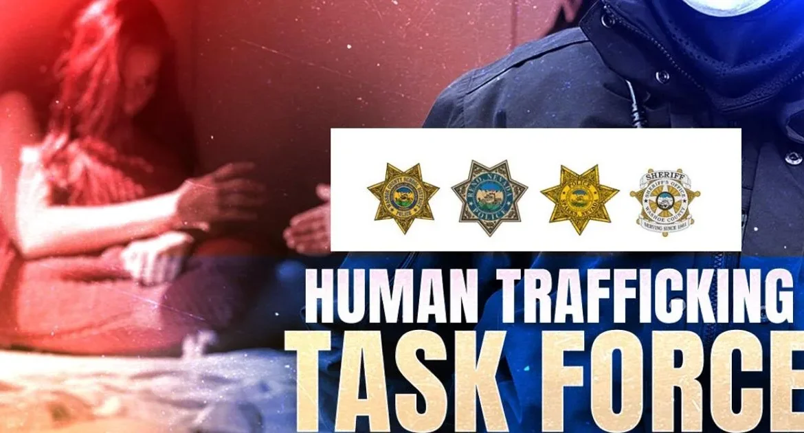 Police vehicles and investigators during a Washoe County human trafficking operation