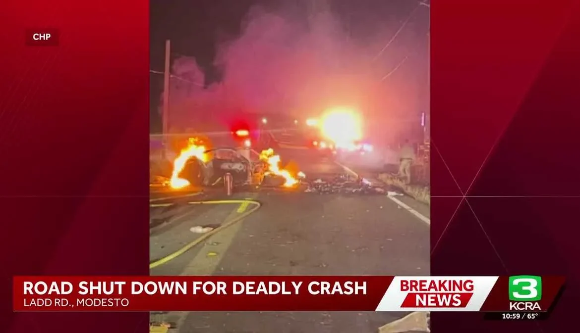 Emergency crews respond to a fiery multi-vehicle crash on a Stanislaus County road