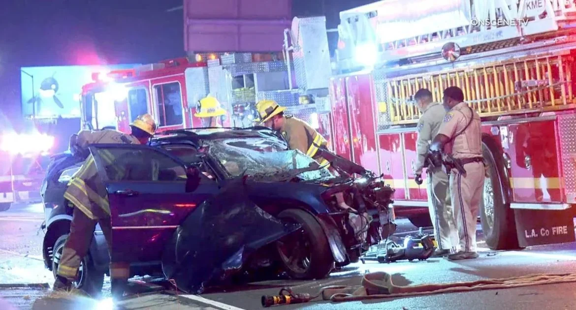 Emergency responders on the 405 Freeway after a deadly wrong-way crash in Hawthorne