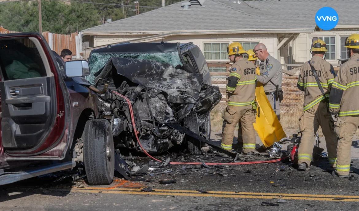 Damaged vehicles at a fatal head-on crash scene on National Trails Highway in Oro Grande